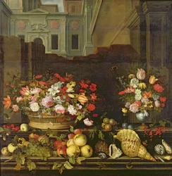 Stillleben mit Blumen, Früchten und Muscheln